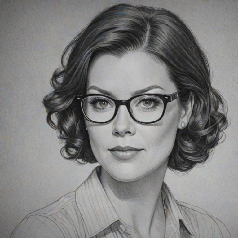 Charming Bellamy Young, pencil sketch, portrait of Dazzling woman 1927s in glasses, hair style beatnik, outline, clear lines, fine lines, 8k