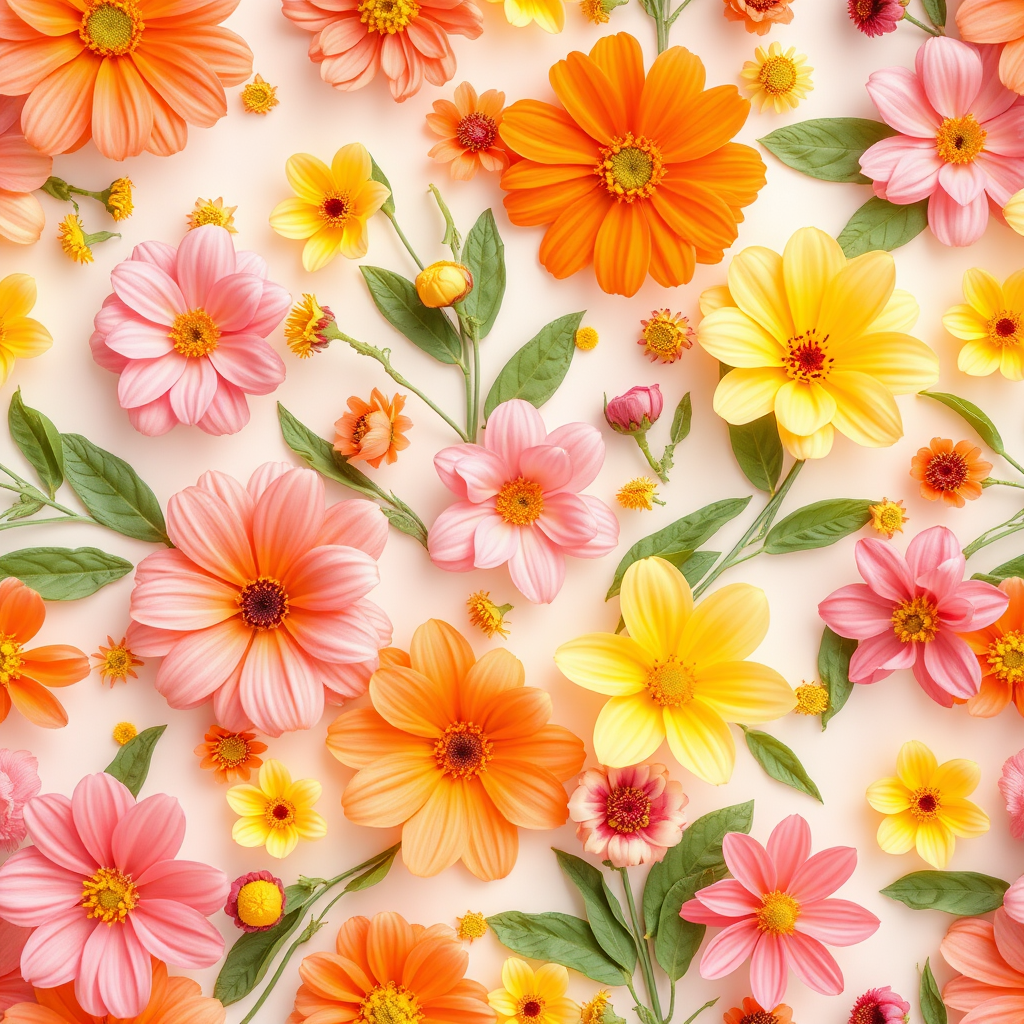 Create a vibrant floral pattern featuring a variety of pastel flowers in shades of pink, orange, and yellow with delicate green leaves, arranged beautifully on a light background.