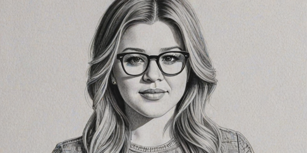 Lovely Kelly Clarkson, pencil sketch, portrait of Enchanting woman 1969s in glasses, hair style beatnik, outline, clear lines, fine lines, 8k