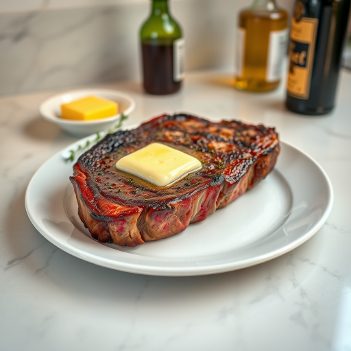Create an image of a perfectly seared ribeye steak, resting on a white plate with a pat of melting butter on top. The steak is seasoned with fresh herbs like thyme and parsley, with glistening juices highlighting the texture of the meat. The background features a soft focus on a light, marble countertop, with a small dish of butter and an olive oil bottle in the distance. The overall mood should be warm and inviting, capturing the deliciousness and juiciness of the steak.