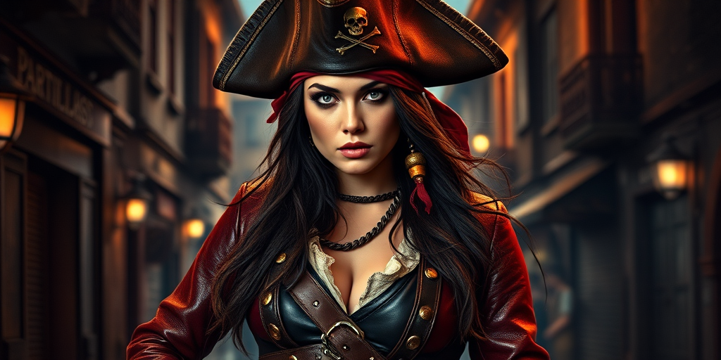 Create a portrait of a fierce female pirate. She wears a leather tricorn hat adorned with a skull and crossbones emblem, and her long, dark hair flows around her face. Her outfit consists of a richly detailed leather jacket, a corset, and multiple layers of belts and accessories, giving her a formidable and stylish appearance. She stands confidently in a dimly lit, historic port town, with a backdrop of weathered buildings and cobblestone streets, capturing the adventurous spirit of a pirate.