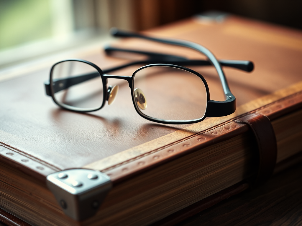 A close-up shot of an antique leather-bound book with metal corners and a pair of reading glasses resting on it, photographed with a DSLR camera, 50mm lens, f/2.8 aperture, ISO 100, soft natural lighting, and a shallow depth of field to enhance detail and texture.