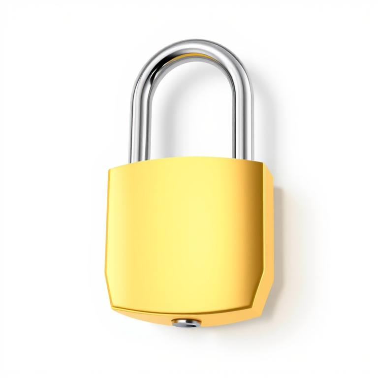Create a high-resolution digital illustration of a shiny gold padlock with a smooth surface and reflective silver shank, using a 50mm lens, f/4 aperture, ISO 100, in a soft light setting, with a clean white background and slight shadows for depth.
