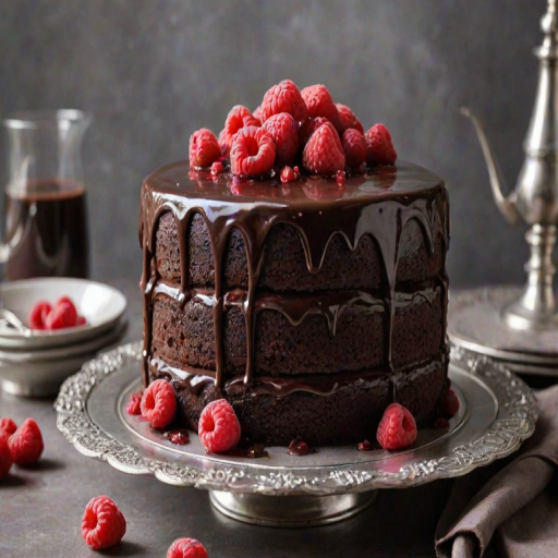 Create an image of a decadent chocolate cake with layers filled with raspberry filling. The cake should be frosted with rich chocolate icing and topped with fresh raspberries. The setting should be elegant, with a silver platter and a soft, light background.