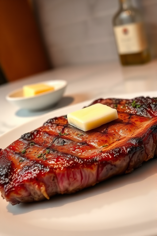 Create an image of a perfectly seared ribeye steak, resting on a white plate with a pat of melting butter on top. The steak is seasoned with fresh herbs like thyme and parsley, with glistening juices highlighting the texture of the meat. The background features a soft focus on a light, marble countertop, with a small dish of butter and an olive oil bottle in the distance. The overall mood should be warm and inviting, capturing the deliciousness and juiciness of the steak.