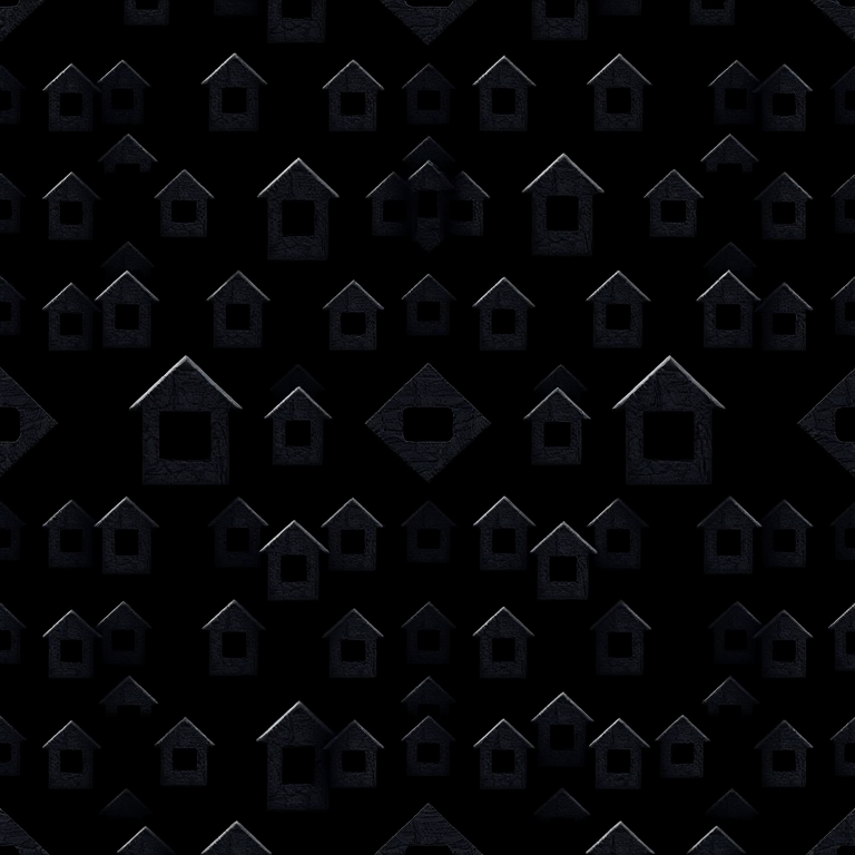 create an image of a seamless pattern with a repeated geometric design featuring black shapes resembling abstract houses on a dark background, camera type: DSLR, camera style: macro photography, camera settings: aperture f/8, ISO 100, shutter speed 1/200 sec, focus on sharp details and vibrant contrast.