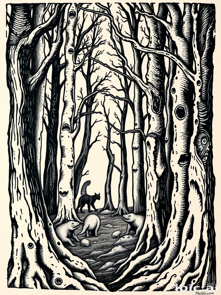 Woodcut-style tattoo titled "Mythic Grove" featuring a detailed forest scene with mythical creatures hidden among the trees, using bold black lines and crosshatching to create texture and depth
