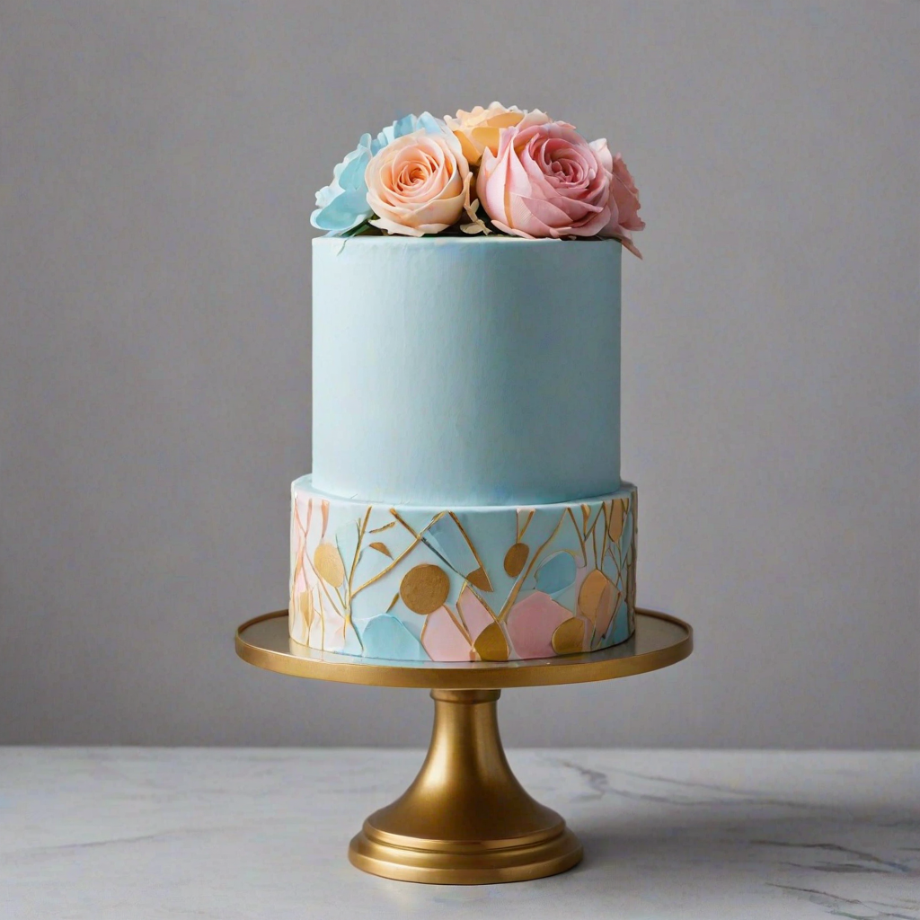 Create an elegant cylindrical cake with a smooth pastel blue frosting. The cake should be adorned with delicate, colorful edible decorations in shades of gold, pink, and black, arranged in a scattered pattern across the surface. Place the cake on a simple white pedestal stand with a subtle gray backdrop to enhance its aesthetic appeal.