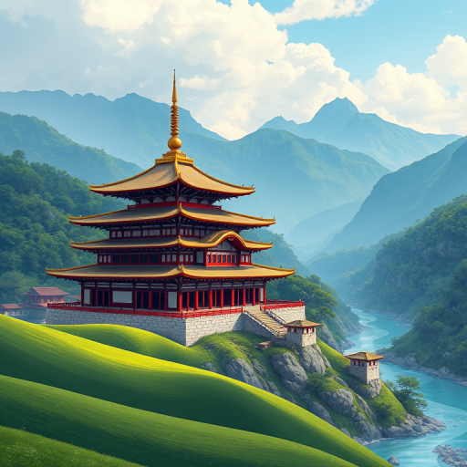 generate a vibrant digital illustration of a traditional Asian temple situated in a mountainous landscape, with rolling green hills in the foreground and a winding river, utilizing a wide-angle view, shot with a high-resolution DSLR camera at f/11 for depth of field, ISO 100, 24mm focal length, and soft natural lighting to enhance colors and details.