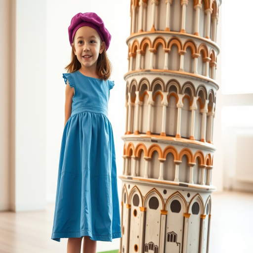 Create an image of a young girl in a blue dress and purple beret standing next to a stylized version of the Leaning Tower of Pisa, captured with a DSLR camera, using a 50mm lens at f/1.8 for a shallow depth of field, in a well-lit environment with soft natural light, ensuring high resolution and vibrant colors.