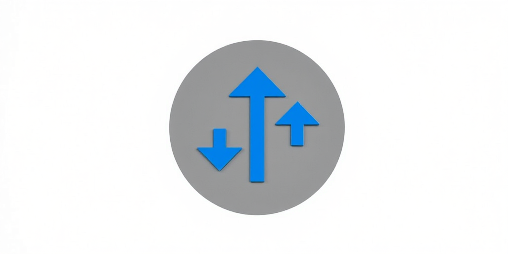 Generate a high-resolution image of a circular logo with a blue upward arrow and downward arrow inside a gray circle, using a Canon EOS R5 camera, 50mm lens, f/1.8 aperture, 1/125 sec shutter speed, and ISO 100, shot from a top-down perspective with soft lighting.