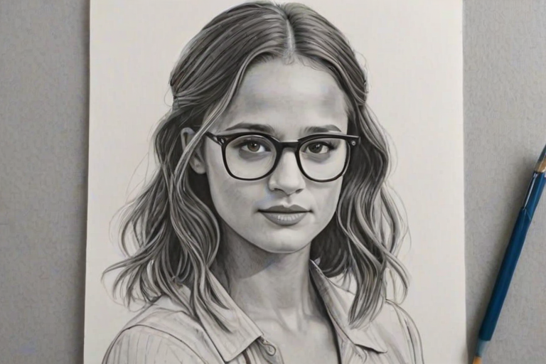 Superb Alicia Vikander, pencil sketch, portrait of Beauteous woman 1927s in glasses, hair style beatnik, outline, clear lines, fine lines, 8k