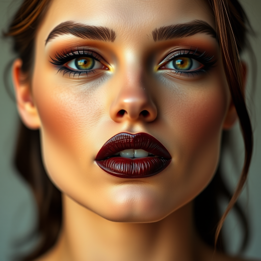 Sensual woman lips coated in rich chocolate brown satin lipstick, full face portrait emphasizing sultry gaze and captivating features