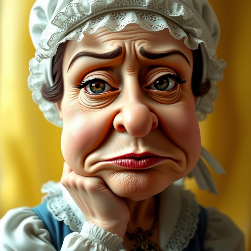 The image is a caricature of a woman with exaggerated features. She is wearing a white bonnet with lace trim and a white blouse with a blue bodice. She is leaning her chin on her hand with a bored or tired expression. Her lips are full and pouty, her cheeks are round and puffy, and her eyes are wide and slightly crossed. Her nose is long and thin, and her brows are furrowed. She is wearing a necklace with a large, ornate pendant. The background is a soft, blurry yellow. The overall effect is humorous and slightly grotesque.