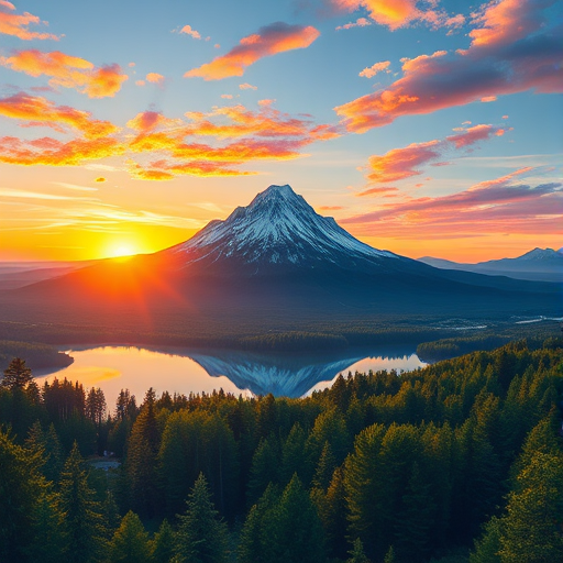 Create a detailed illustration of a majestic mountain landscape during sunrise, with vibrant colors in the sky, a clear reflection in a tranquil lake, lush green forests in the foreground, use a DSLR camera type, set aperture to f/8, shutter speed at 1/125 sec, ISO 100, and capture from a high angle view for enhanced depth and detail.
