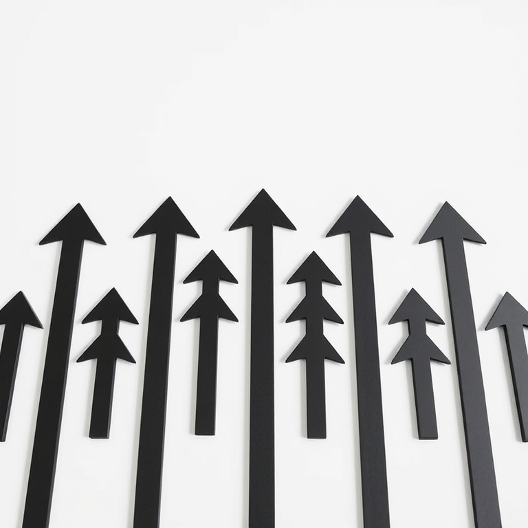 Create a high-resolution image of a series of stylized black arrows pointing upwards, shot with a Canon EOS R5, 50mm lens, f/1.8 aperture, ISO 100, natural light, with a clean white background for contrast.
