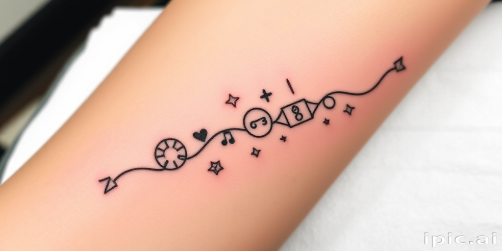 Minimalist single line tattoo named "Continuous Journey" using one unbroken line to create a flowing design of interconnected symbols and shapes representing life's path
