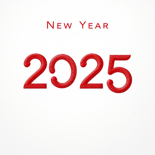 Create an artistic New Year greeting featuring the year 2025 with a stylized red snake intertwined through the numbers, using a minimalist design, shot with a DSLR camera at f/2.8, ISO 100, 50mm lens, natural light, and a soft focus background for enhanced clarity and vibrancy.
