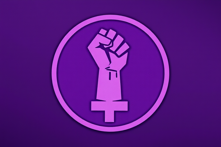 Create a high-resolution image of a feminist symbol featuring a raised fist in the center of a circular emblem with a gender symbol at the base, using a dark purple background and a lighter purple for the symbol; camera settings: ISO 100, aperture f/8, shutter speed 1/125 sec, camera view: close-up, camera style: flat lay, camera type: DSLR.