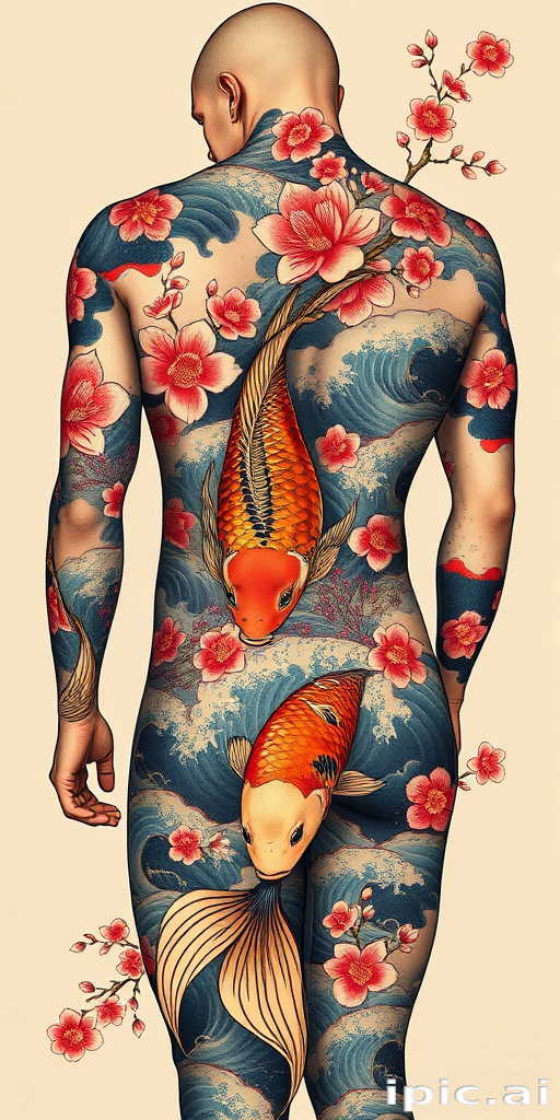 Exquisite Japanese-inspired full body suit tattoo featuring koi fish cherry blossoms and waves in traditional colors with meticulous attention to detail and shading