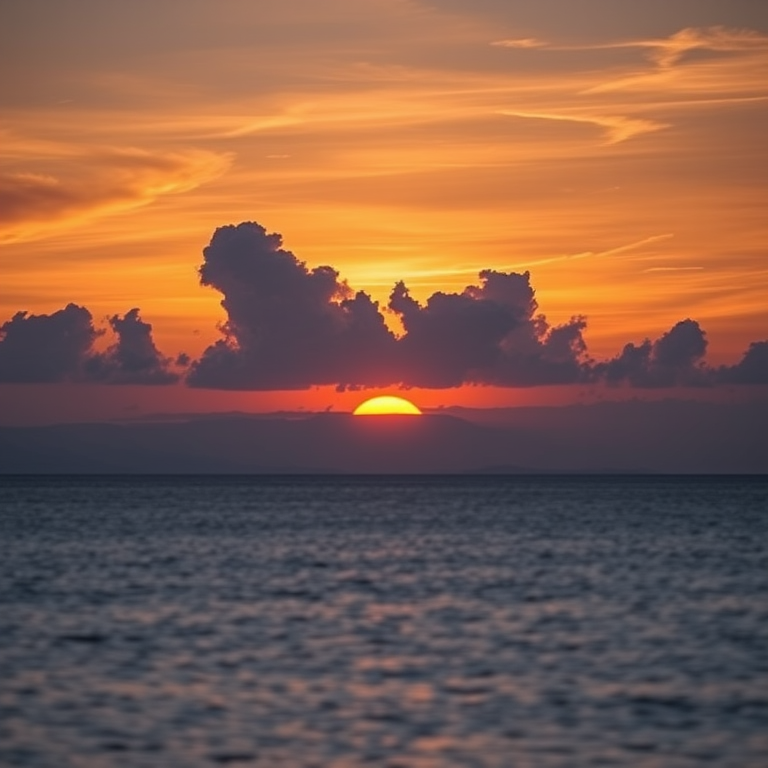 Regenerate a serene sunset landscape over a calm body of water featuring dramatic lenticular clouds, captured with a Canon EOS R5, 24-70mm lens, aperture f/8, ISO 100, 1/200s shutter speed, wide-angle view, and soft-focus style for enhanced image quality.