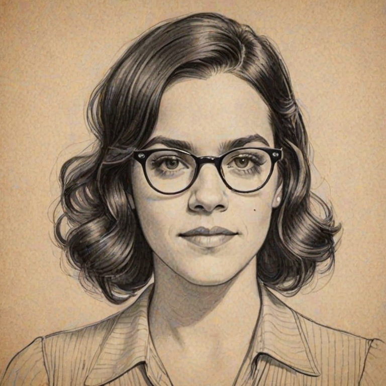 Comely Abbi Jacobson, pencil sketch, portrait of Enchanting woman 1930s in glasses, hair style beatnik, outline, clear lines, fine lines, 8k