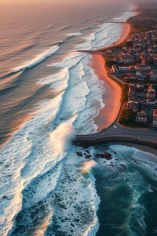 capture an aerial view of a coastal town during a stormy sea with large waves crashing against the shore, use a Canon EOS 5D Mark IV with a 24-70mm f/2.8 lens, settings: ISO 200, f/11, shutter speed 1/500s, soft golden hour lighting for dramatic effect, emphasize the texture of the waves and the detail of the buildings