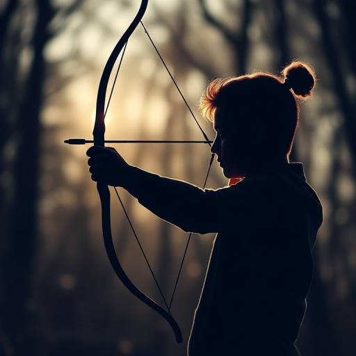 Create an image of a silhouette of a person drawing a bow, using a 50mm lens with an aperture of f/2.8, in natural light, with a shallow depth of field to enhance background blur, captured with a DSLR camera in landscape orientation.