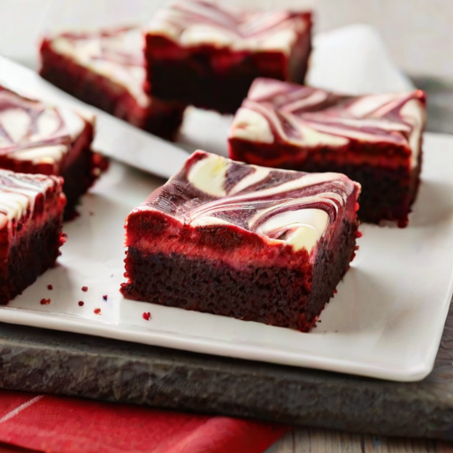 Create an image of red velvet cheesecake brownies. Show a close-up of a few brownies with a rich red and cream swirl on top. Include a cut brownie in the center to reveal the creamy texture inside. The brownies should be arranged on a white plate or parchment paper, highlighting their moist appearance and vibrant colors.
