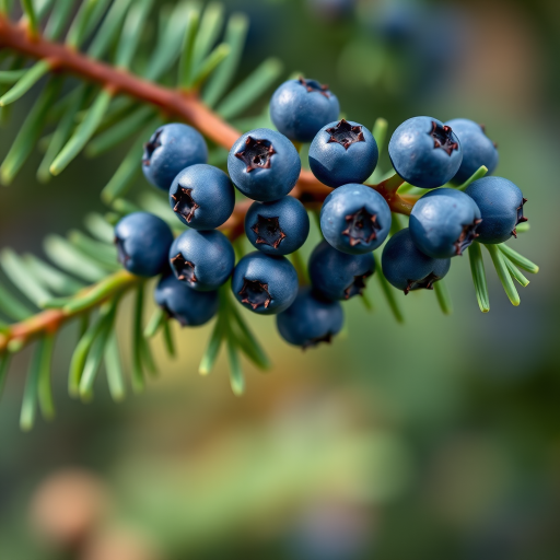 Close-up of blue berries on a green conifer branch with a softly blurred background, 50mm lens, aperture f/2.8, ISO 200, shot in natural light with a DSLR camera, macro view.