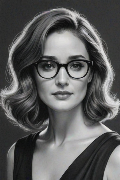 Wonderful Rose Byrne, pencil sketch, portrait of Alluring woman 1953s in glasses, hair style beatnik, outline, clear lines, fine lines, 8k