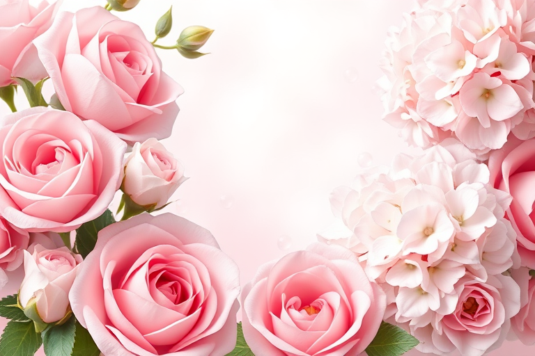 Create a floral-themed digital frame with pastel pink and white colors, featuring an arrangement of roses and hydrangeas with bubbles, utilizing a high-resolution wide-angle lens at f/2.8, ISO 100, 1/60 sec shutter speed, in a soft focus style to enhance depth and detail.