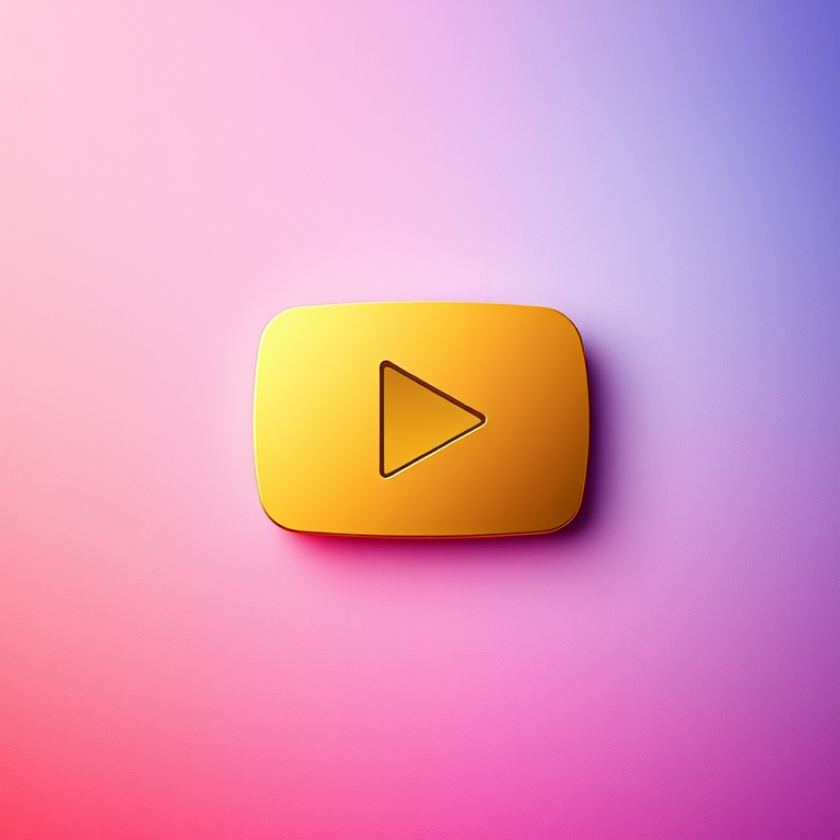 Create an image of a golden YouTube play button logo set against a vibrant gradient background with a smooth texture, taken with a DSLR camera at f/2.8 aperture, ISO 100, and a 50mm lens to ensure a shallow depth of field, utilizing soft light for enhanced quality.