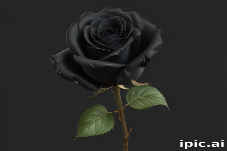 Elegant Black Rose with Lush Green Leaves Against a Dark Background