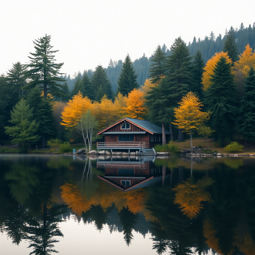 a serene cabin nestled among lush trees by a reflective lake, shot with a Canon EOS R5, aperture f/2.8, shutter speed 1/60s, ISO 100, wide-angle view at dawn for soft lighting and enhanced color contrast