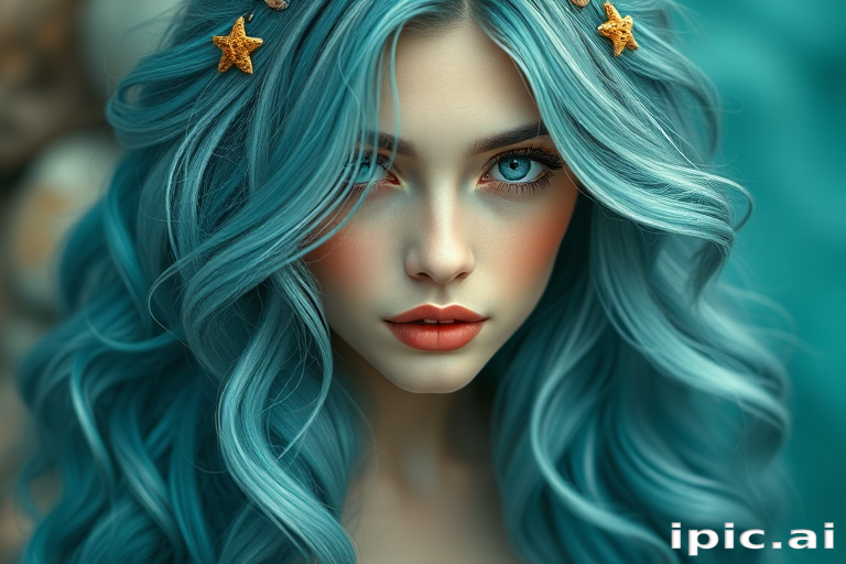 Ethereal portrait featuring Mermaid Teal tresses, long and wavy with subtle aqua highlights, adorned with small seashells and starfish accessories