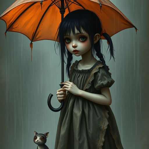 An eerie, weird little girl with dark hair in thin pigtails, wearing a smock dress, standing in the rain, holding a dirty orange umbrella, a small, odd creature beside her. In a surreal style inspired by Nicoletta Ceccoli and Brian Froud. Dark fantasy themes