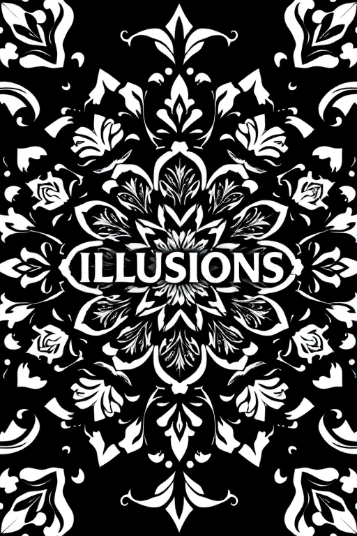 Create a high-resolution black and white graphic design featuring intricate symmetrical floral patterns with the word "ILLUSIONS" prominently displayed in the center, shot in a 50mm lens at f/8 for sharp depth of field, using a DSLR camera with natural lighting to enhance contrast and detail.