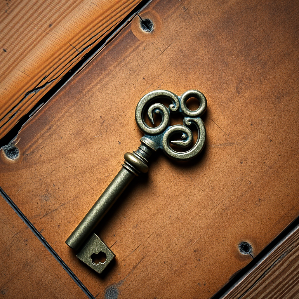 Generate an image of a vintage key, top-down view, high resolution, f/2.8 aperture, ISO 100, 50mm lens, natural lighting.