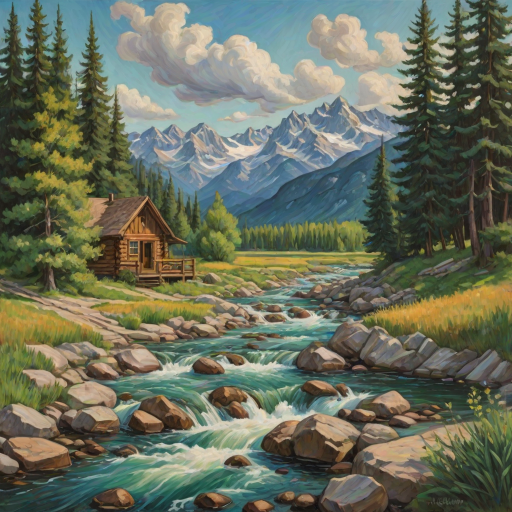 This Van Gogh-inspired painting depicts a peaceful scene of a small cabin located near a flowing river. The scene is surrounded by lush vegetation, including tall trees and rocky terrain. In the background, majestic mountains rise under a sky filled with rolling clouds. The river gently cascades over the rocks, adding a sense of movement and tranquility to the scene. The use of vibrant colors and detailed brushstrokes create a sense of depth and harmony in the natural setting.