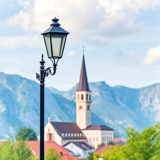 Create a watercolor-style painting of a scenic view featuring a street lamp in the foreground and a church tower surrounded by mountains in the background, using a DSLR camera with a 50mm lens, f/2.8 aperture, ISO 100, and a soft focus effect to enhance image quality.
