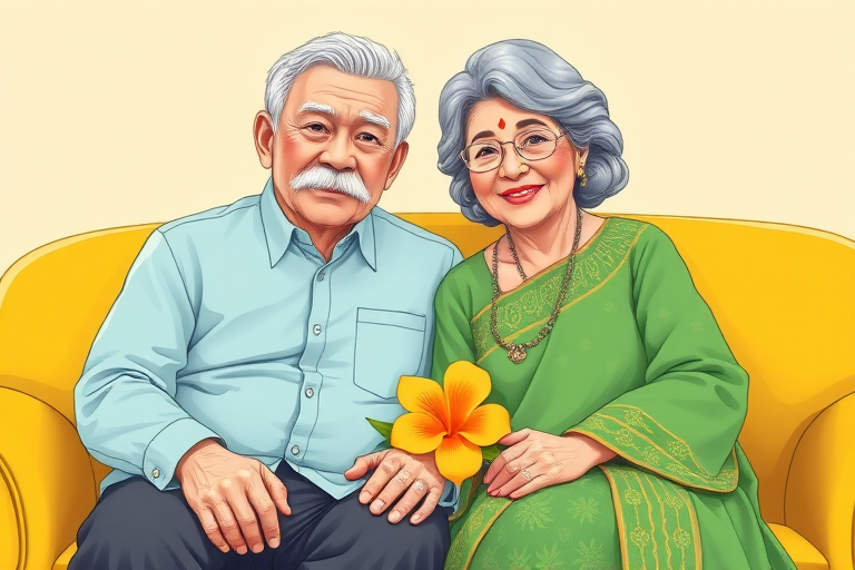 Create an illustration of an elderly couple sitting together on a yellow sofa, the man with white hair and a mustache wearing a light blue shirt, and the woman with gray hair in a green traditional dress holding a flower, use a bright and colorful style, simulate a high-resolution digital drawing, set the camera to a close-up view with a soft focus effect, and enhance colors with a vibrant palette in a cartoon style.