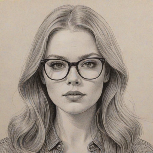 Stunning Freya Ridings, pencil sketch, portrait of Sublime woman 1964s in glasses, hair style beatnik, outline, clear lines, fine lines, 8k