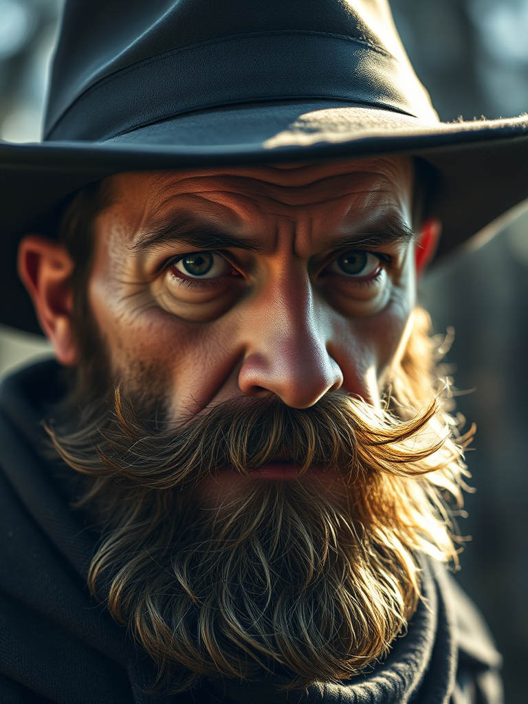 Create a highly detailed illustration of a mysterious bearded figure with a hat, using a Canon EOS 5D Mark IV with a 50mm lens at f/1.8, ISO 100, shot in soft natural light from a low angle to enhance depth and texture.