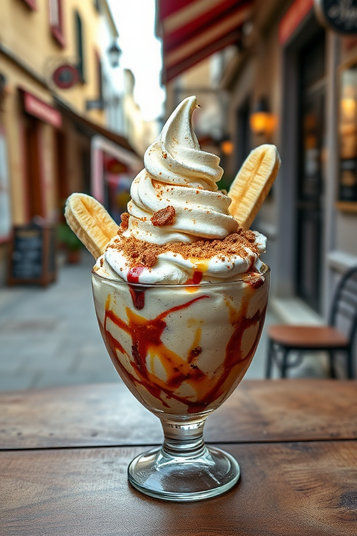 create an image of a lavish ice cream sundae in a glass bowl with bananas and various toppings on a wooden table in a quaint street setting, shot with a DSLR camera at f/2.8, ISO 100, 35mm lens, slightly angled overhead view, with natural light for enhanced image quality