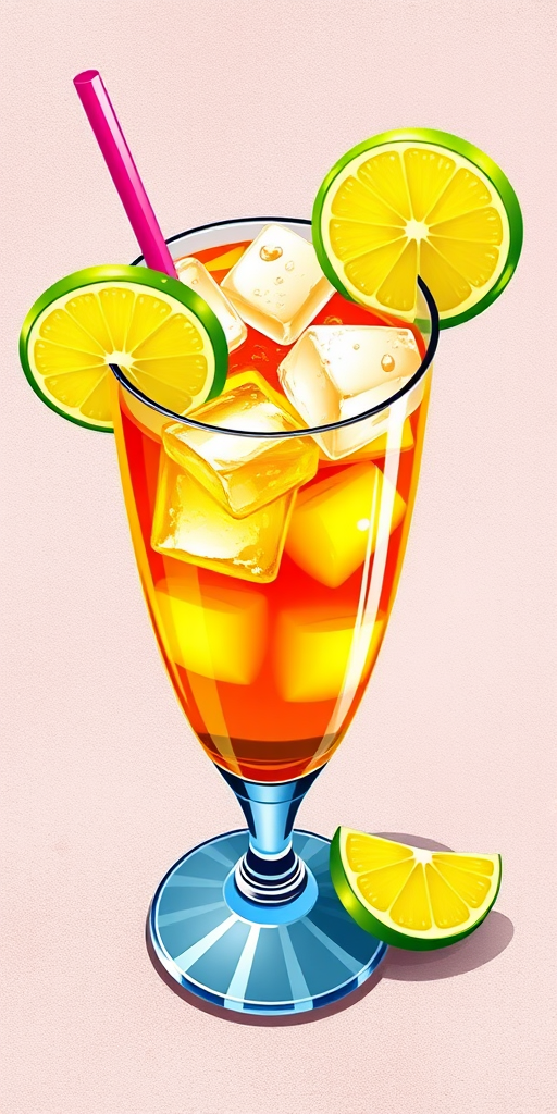 Create a vibrant illustration of a caipirinha cocktail with ice cubes, lime wedges, and a straw in a glass, using a digital art style, with high saturation colors and a textured background; camera settings: f/2.8 aperture, ISO 100, 1/125 sec shutter speed; view from a slight overhead angle; shot with a digital DSLR camera.