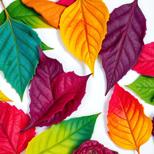 Regenerate the image of multicolored leaves scattered on a white background with vibrant hues of green, blue, purple, and red, using a macro lens at f/2.8, 1/200 sec shutter speed, ISO 100, with a shallow depth of field to enhance details and texture, shot in natural light for soft shadows.