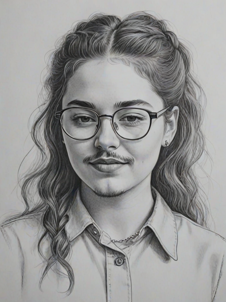 Lovely Post Malone, pencil sketch, portrait of Pleasing woman 1960s in glasses, hair style beatnik, outline, clear lines, fine lines, 8k