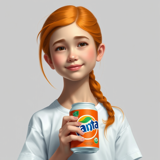 3D painting portrait of a young girl, orange hair, wearing white t-shirt, holding a can of Fanta. simple grey bg. vibrant color.