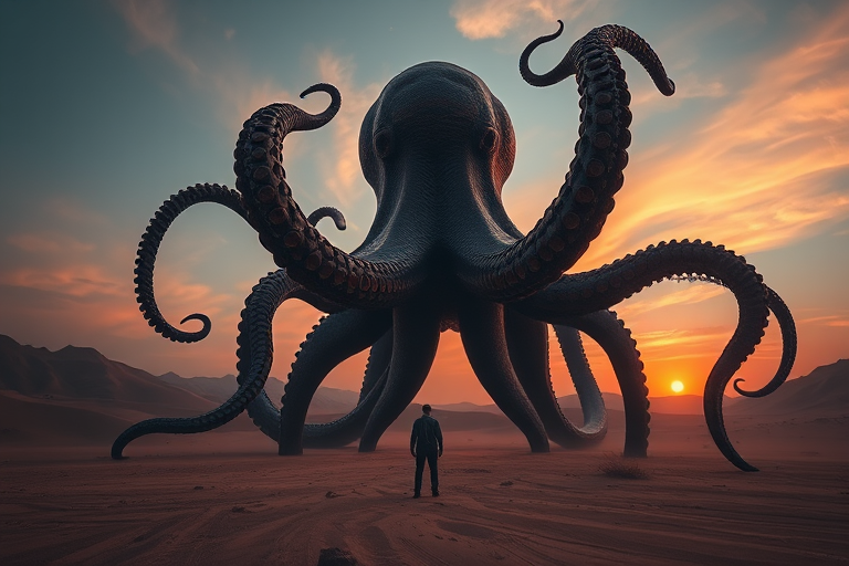 A colossal octopus-like creature towering over a lone figure in a desert landscape during sunset, highly detailed with rich colors and intricate textures, 24mm lens, f/2.8 aperture, ISO 100, shot from a low angle to emphasize the creature's size, using a Canon EOS R5 for high-resolution quality.